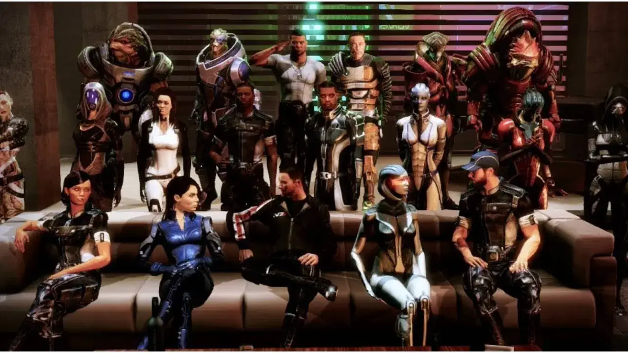 Grupa **mass effect 3 companions** w pełnym składzie, gotowa do walki. Od Garrusa po Liarę, wszyscy czekają na rozkazy.