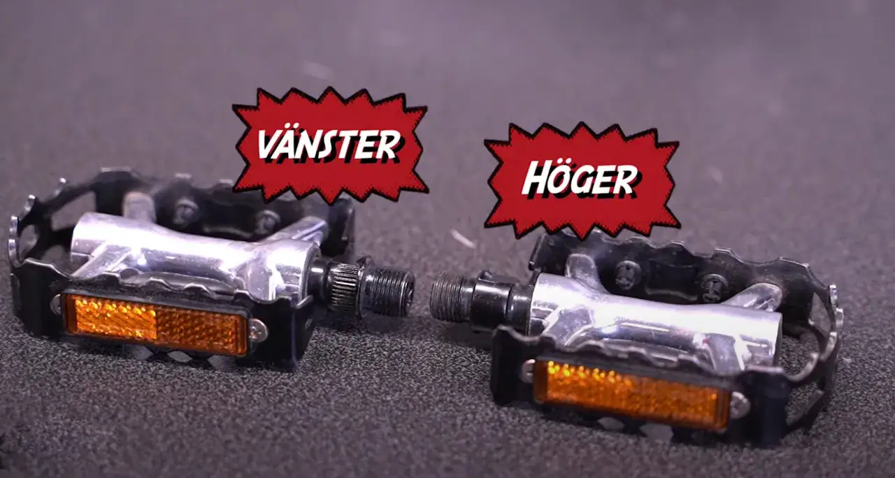 Två cykelpedaler, vänster och höger, redo att byta.