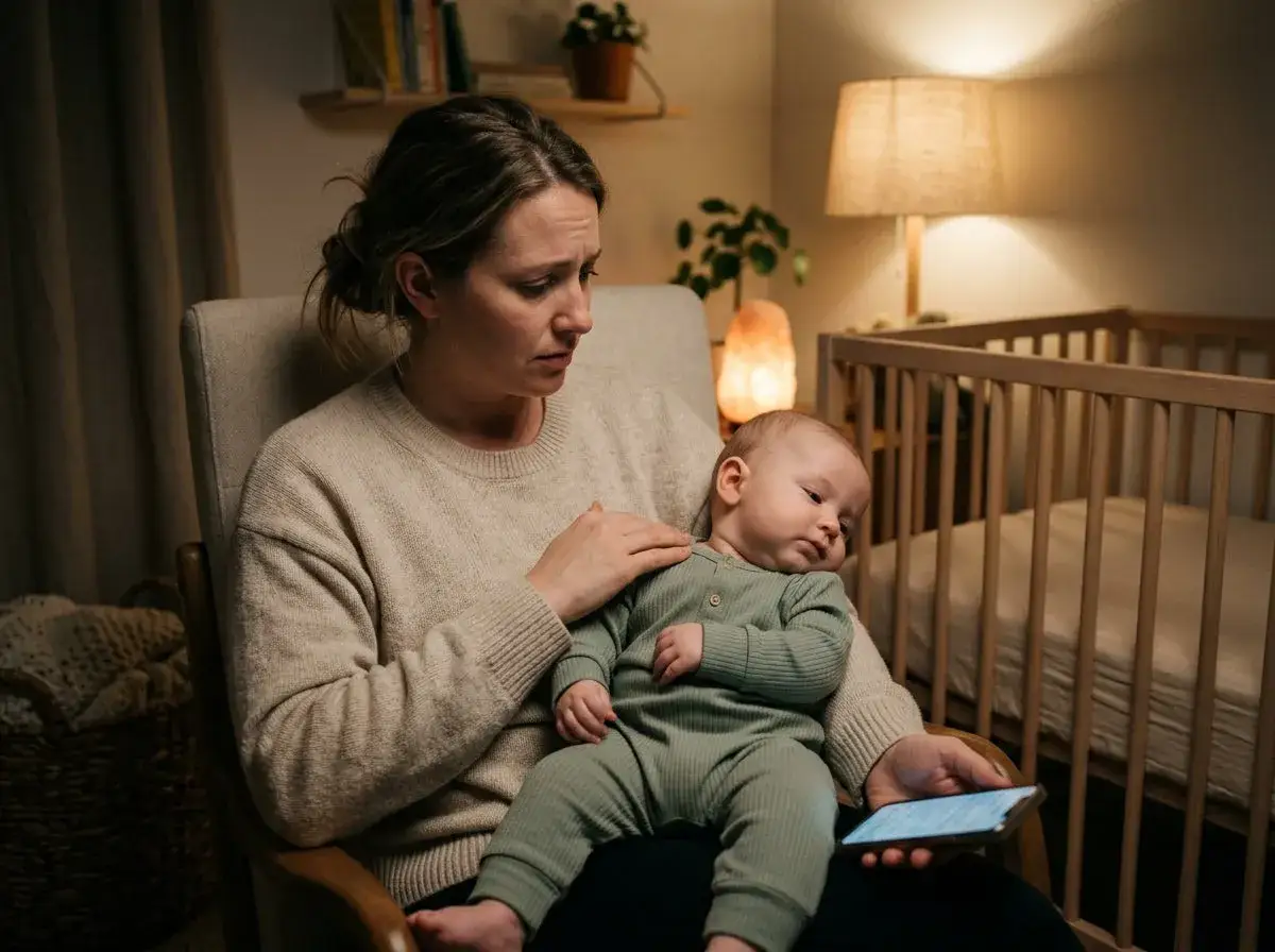 Zmęczona mama trzyma dziecko, które kiwa głową na boki. W tle łóżeczko i lampka.