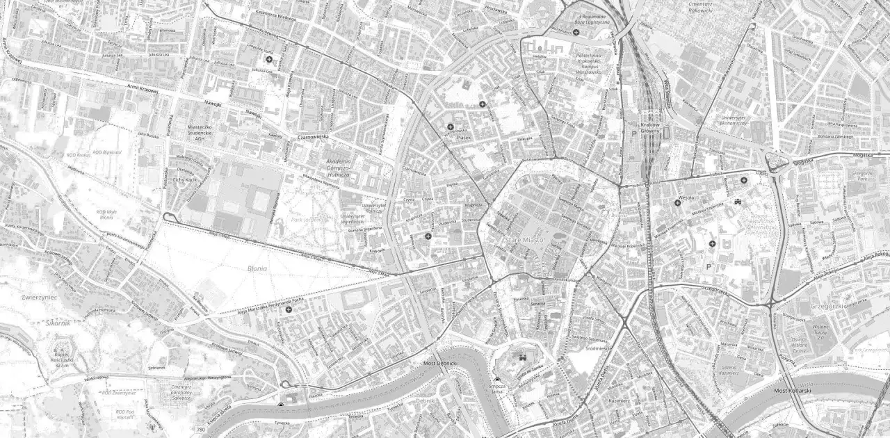 Mapa Krakowa z zaznaczonymi ulicami i budynkami. Można tu znaleźć księgę wieczystą po nr działki.