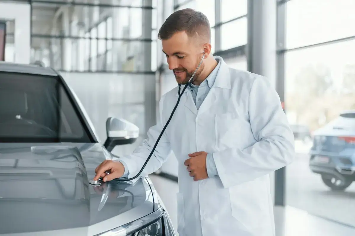 Mechanik w białym kitlu osłuchuje silnik samochodu, szukając przyczyny, dla której auto gaśnie podczas jazdy.