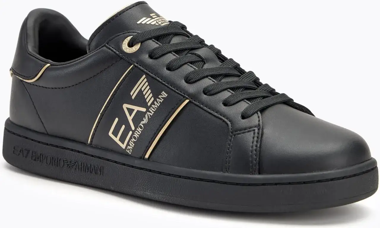 Eleganckie czarne buty Emporio Armani ze złotym logo EA7. Klasyczny styl i wygoda.