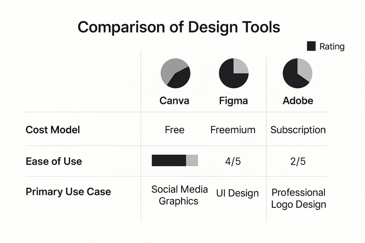 Confronto tra programmi grafica Mac: Canva (gratuito, social media), Figma (freemium, UI design) e Adobe (abbonamento, logo design).