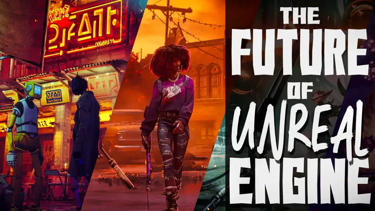 Trzy sceny z gier: roboty w neonowym mieście, dziewczyna z afro w postapokaliptycznej scenerii i potwory, wszystko w stylu **Unreal Engine 6**.
