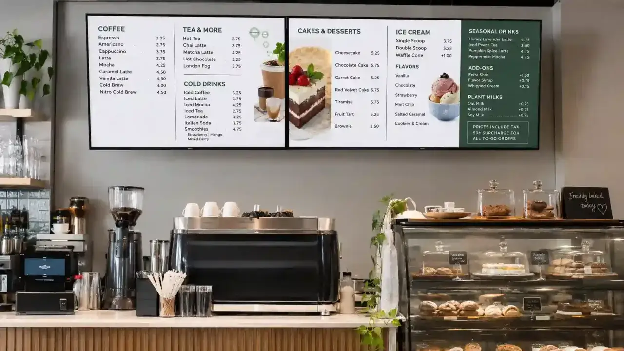Menu kawiarni przykład: kawa, herbata, ciasta, lody i napoje sezonowe. Idealne na szybką przekąskę lub deser.