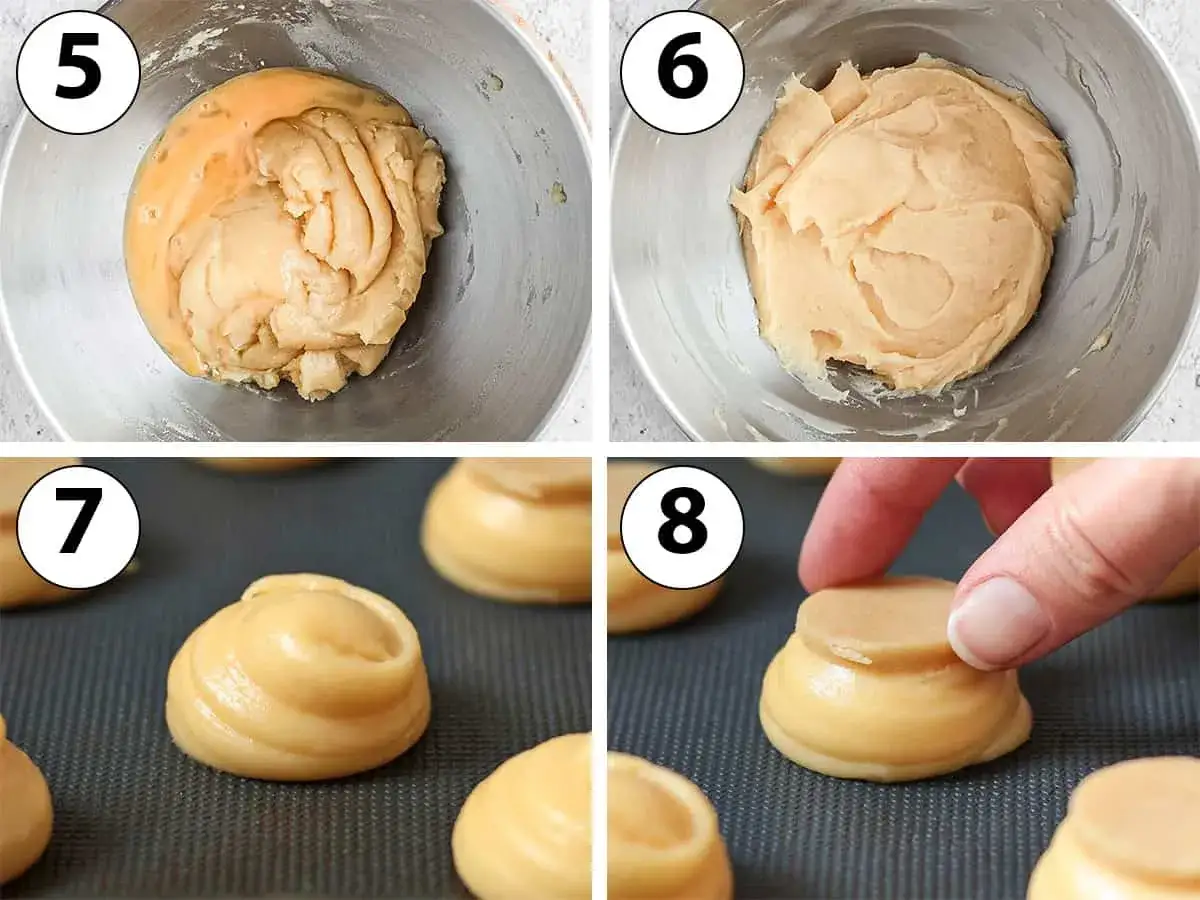 Pâte à chou pâtisserie dans un bol, puis des petites boules sur une plaque. Une main aplatit le dessus d'une pâte.