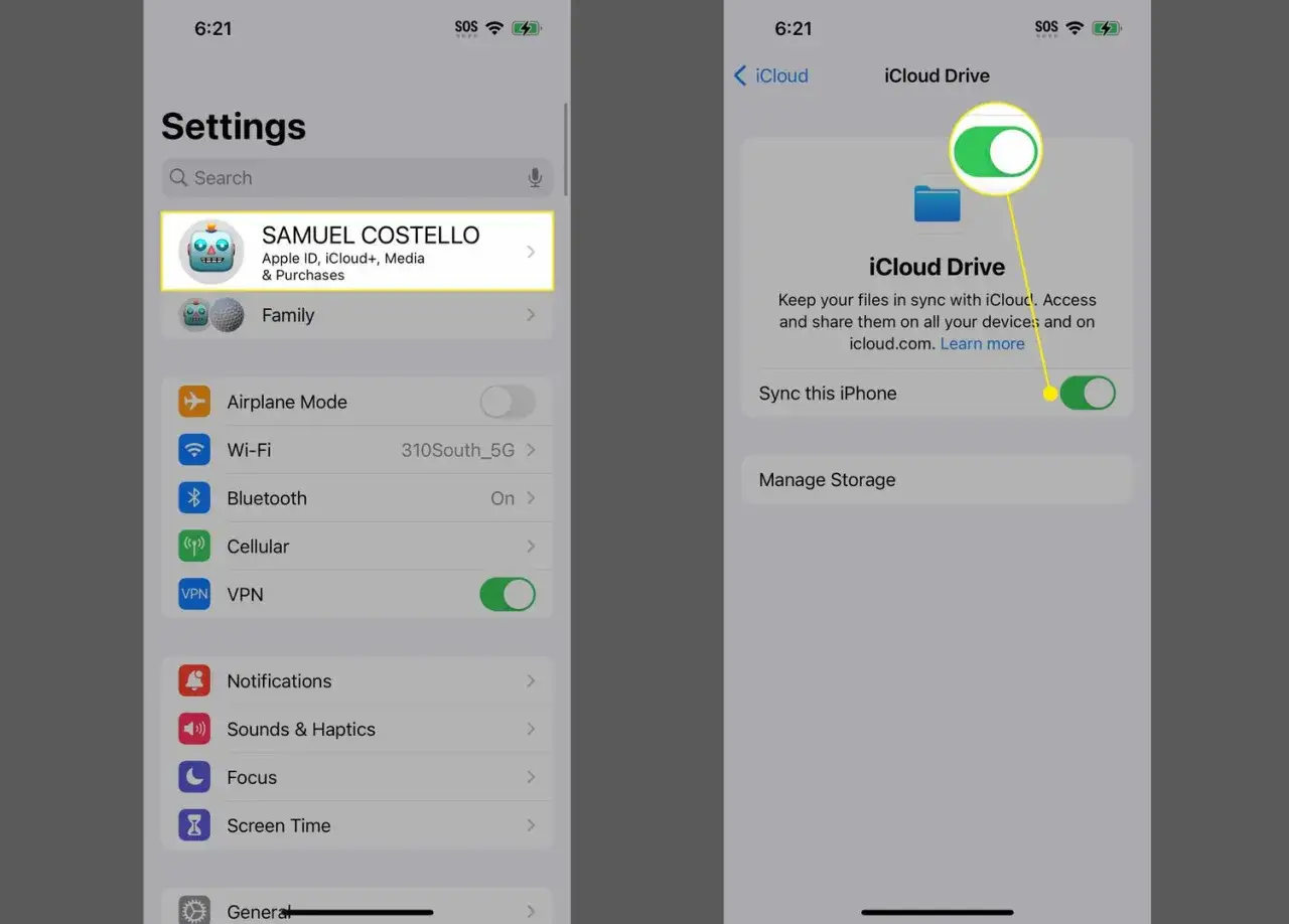 Ustawienia iPhone'a, gdzie widać, że synchronizacja iCloud Drive jest wyłączona, co może być przyczyną, że airdrop nie działa.