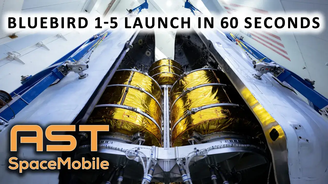 AST SpaceMobile's Bluebird 1-5 rocket, ready for launch. Gold-wrapped fuel tanks gleam inside the rocket's open bay.