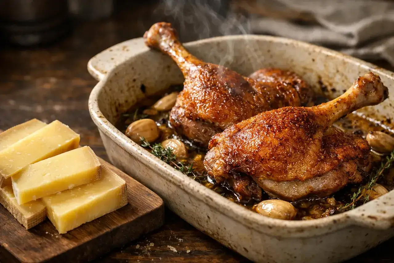 Deux cuisses de canard dorées et fumantes dans un plat, accompagnées d'ail et de thym. Des tranches de fromage sur une planche à découper à gauche.