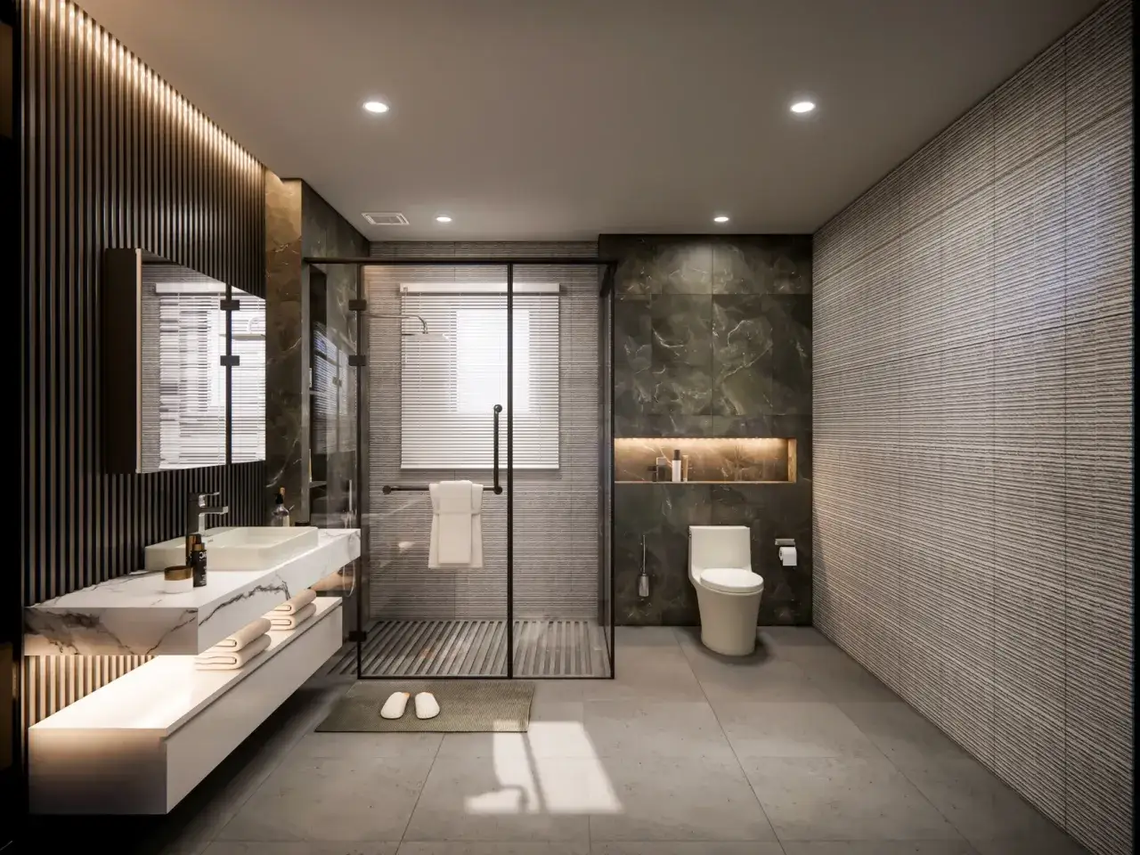 Salle de bain moderne avec douche vitrée, vasque suspendue et toilettes. Parfait pour refaire la salle de bain avec style.