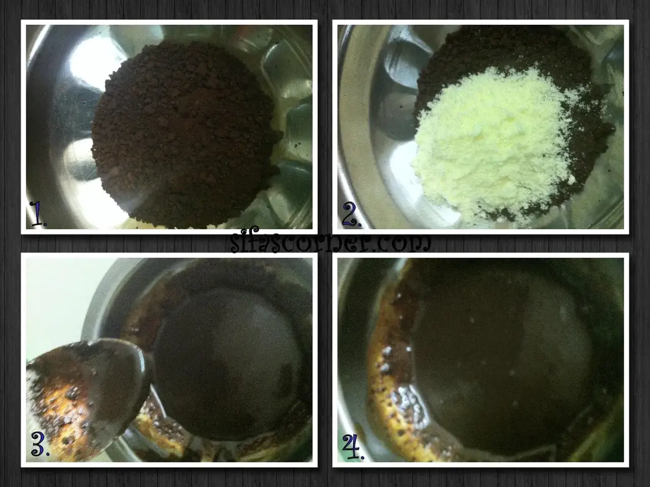 Preparación de una mascarilla de café para la cara: café molido y leche en polvo se mezclan hasta obtener una pasta.