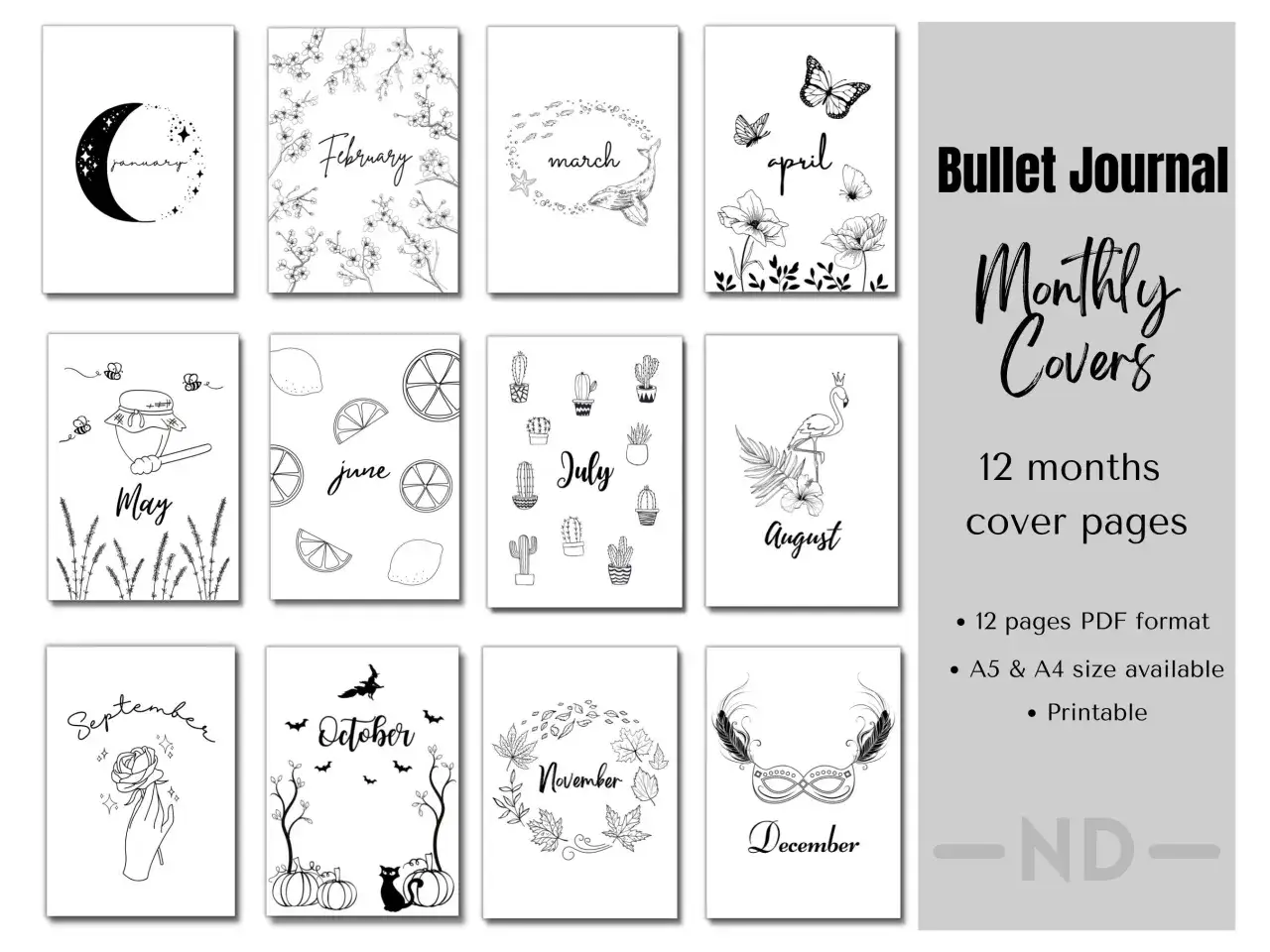 Dise&ntilde;os de bullet journal portada para cada mes, desde enero con luna hasta diciembre con antifaz.