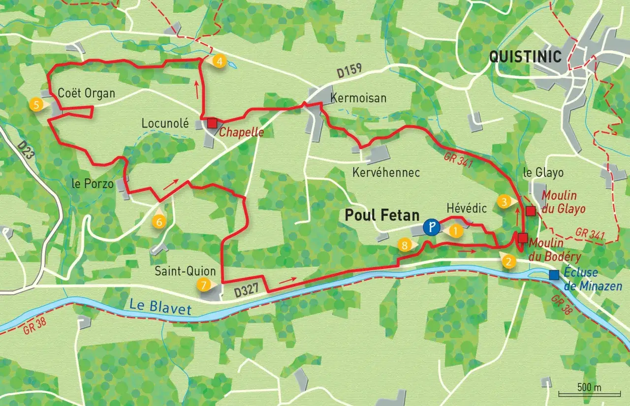 Carte de randonnée de Poul Fetan, montrant l'itinéraire balisé en rouge, passant par Locunolé, Kervéhennec et le Blavet.