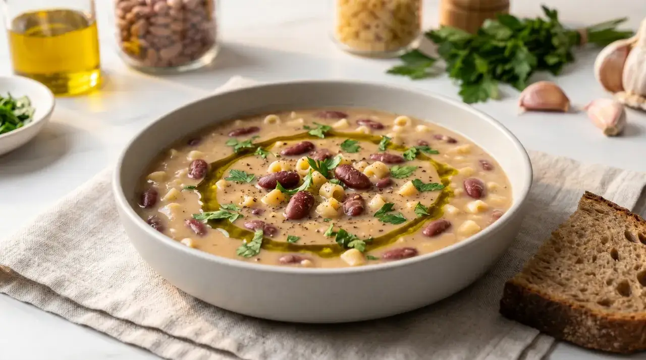 En skål med mustig pasta fagioli, perfekt för ett värmande pasta fagioli recept. Garnerad med persilja och olivolja.
