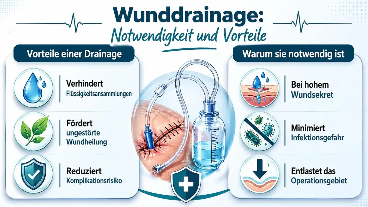 Medizinische Wunddrainage: Vorteile wie Verhinderung von Flüssigkeitsansammlungen, Förderung der Wundheilung und Reduzierung von Komplikationen. Sie ist bei hohem Wundsekret nötig, minimiert Infektionsgefahr und entlastet das Operationsgebiet.
