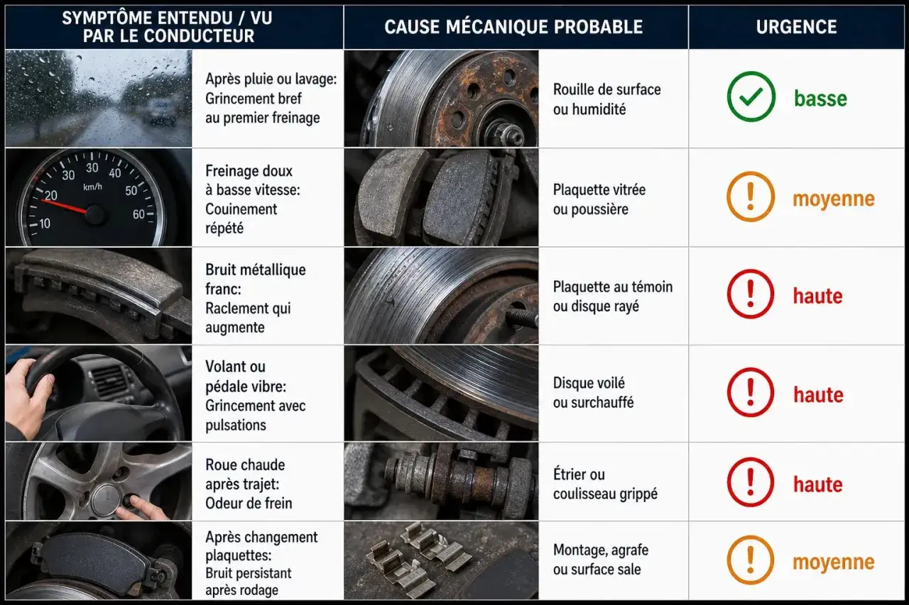 Tableau comparant symptômes de freinage, causes probables (ex: plaquette vitrée ou poussière) et urgence.