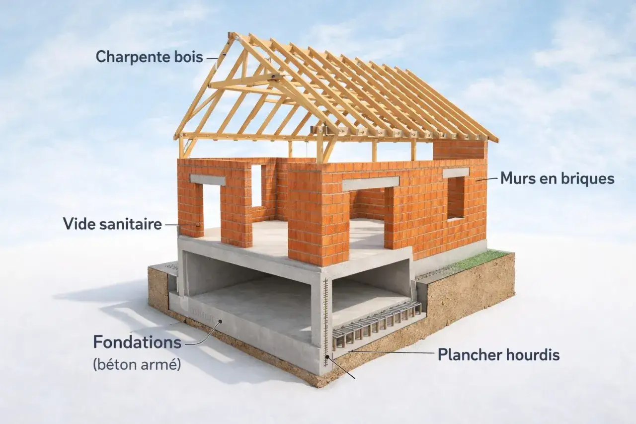 Vue en coupe d'une maison en construction : fondations, vide sanitaire, murs en briques, plancher hourdis et charpente bois. Un aperçu des éléments clés pour estimer le cout rénovation maison.