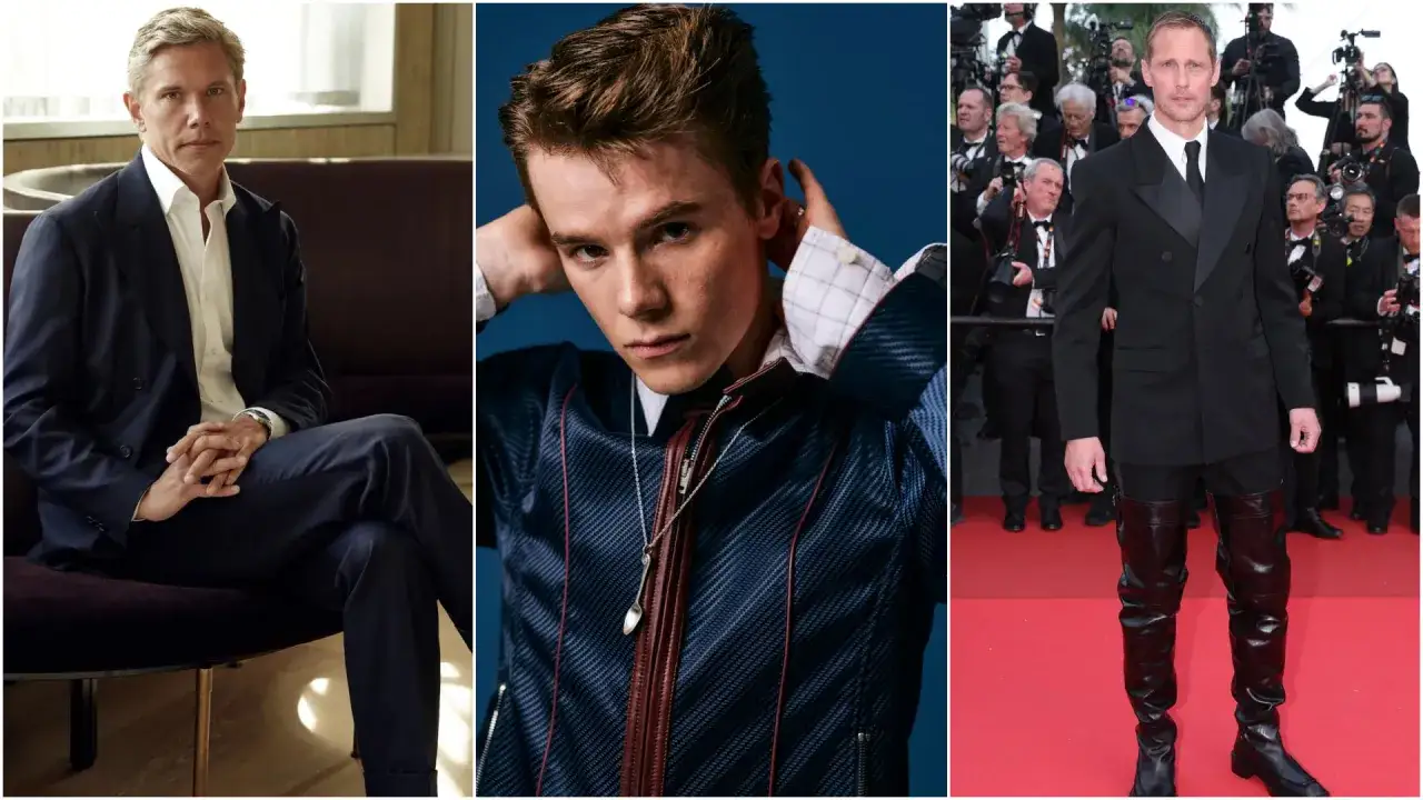 Tre m&auml;n i stilfulla outfits. En sitter i kostym, en annan poserar i en modern jacka, och den tredje b&auml;r en unik look med h&ouml;ga st&ouml;vlar. Mode inspiration herr.