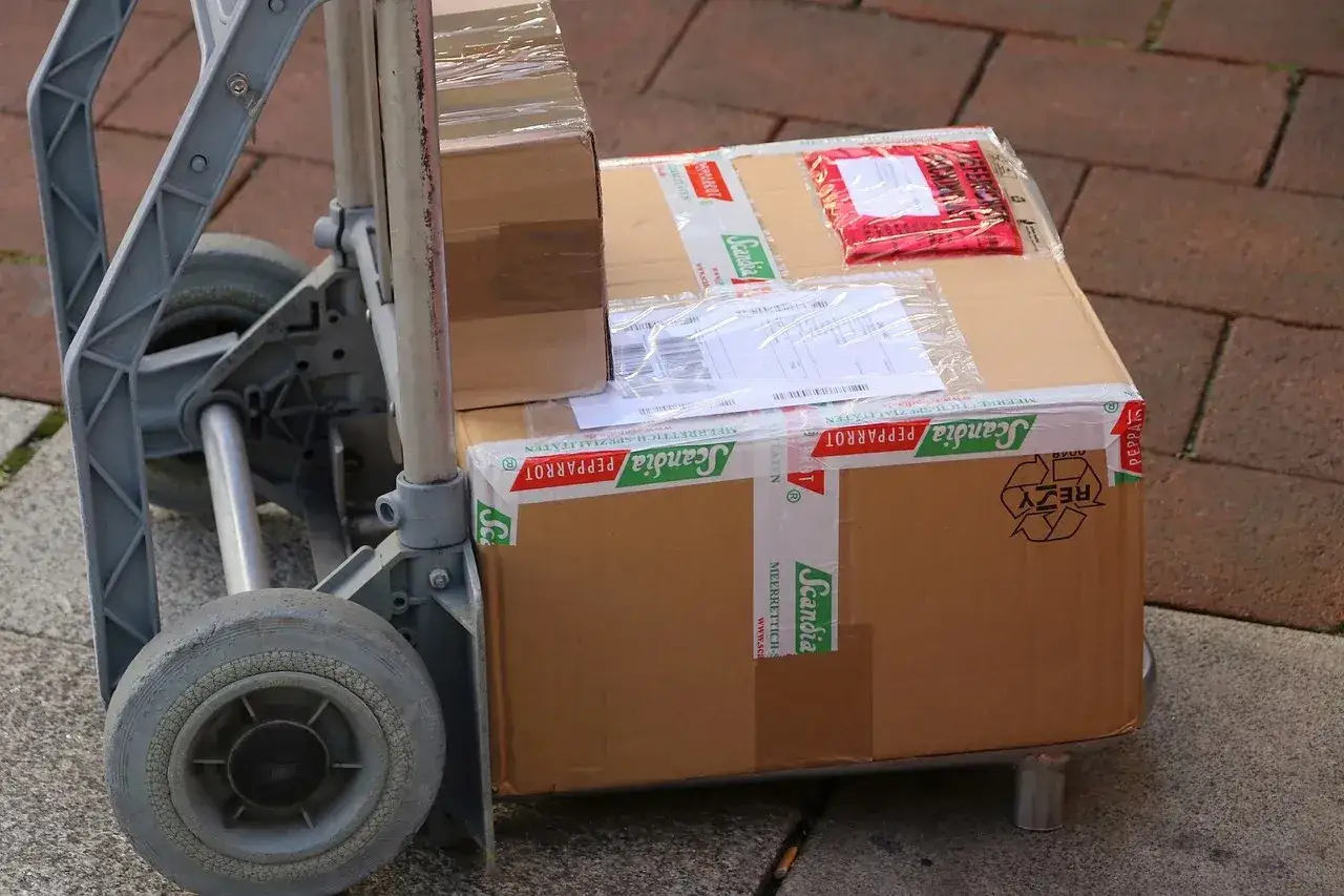 Paczki na w&oacute;zku, gotowe do wysyłki DHL. Ubezpieczenie paczki to pewność, że dotrze bezpiecznie.