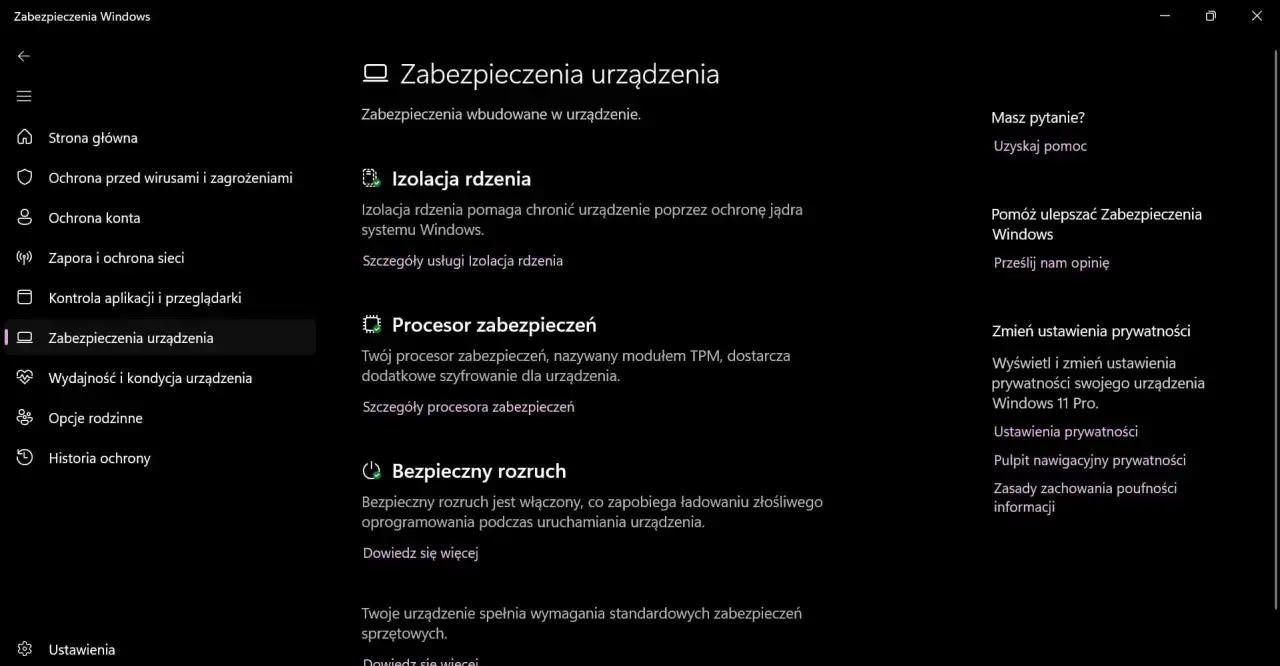 Izolacja rdzenia w Windows 11 chroni jądro systemu. Zobacz szczegóły usługi.