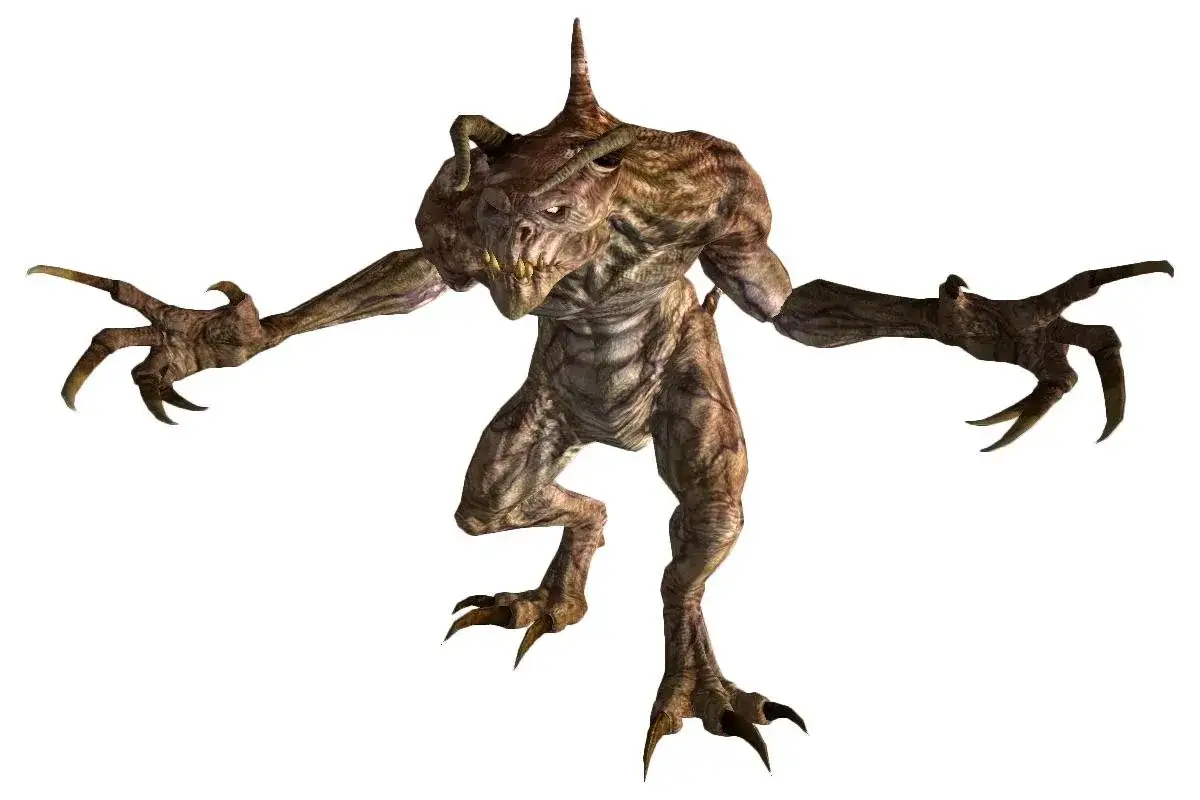 Groźny deathclaw z ostrymi pazurami i rogami, gotowy do ataku.