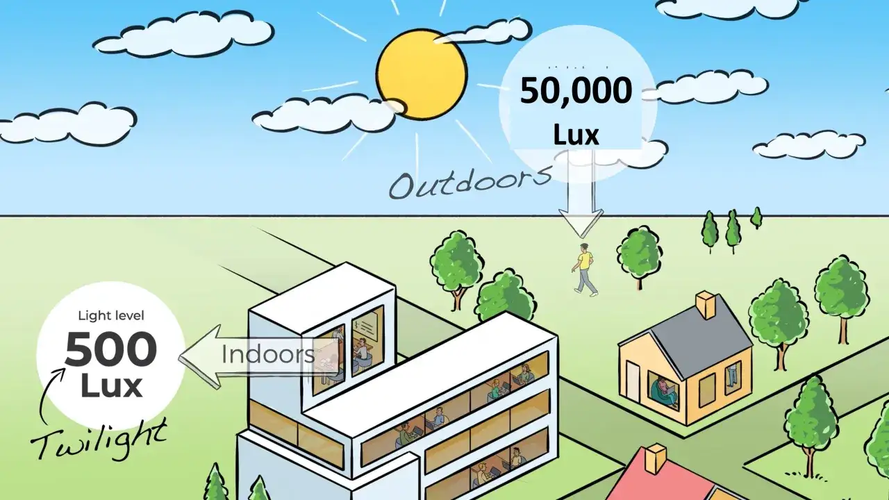 Słońce świeci z mocą 50 000 lux&oacute;w na zewnątrz, podczas gdy wewnątrz budynk&oacute;w jest tylko 500 lux&oacute;w.