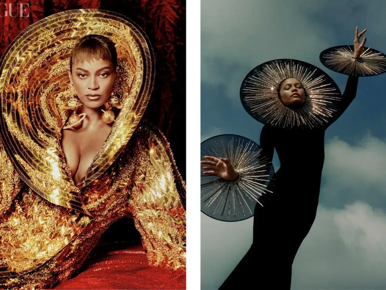 Elsa Schiaparelli inspiró este look dorado y negro, con tocados circulares y joyas cósmicas.