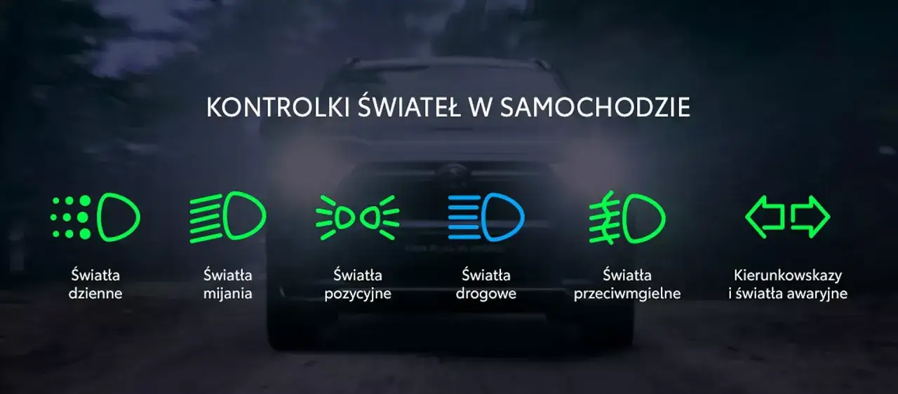 Kontrolki świateł w samochodzie: dzienne, mijania, pozycyjne, drogowe, przeciwmgielne i awaryjne.