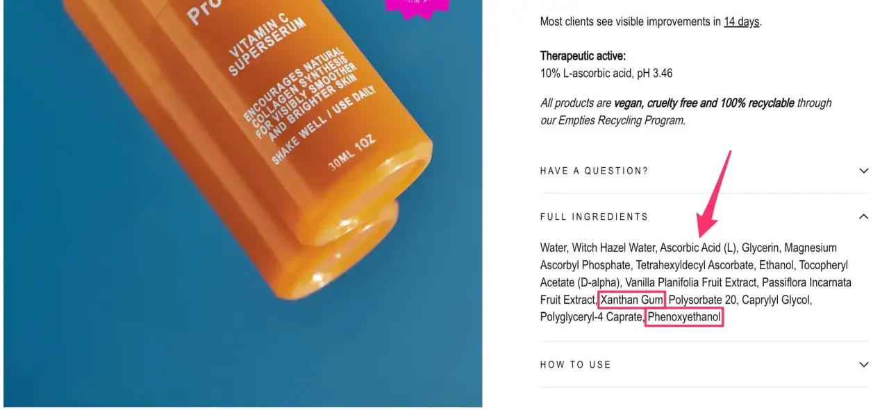 Pomarańczowe serum z witaminą C w kosmetyce. Składniki aktywne: kwas askorbinowy.