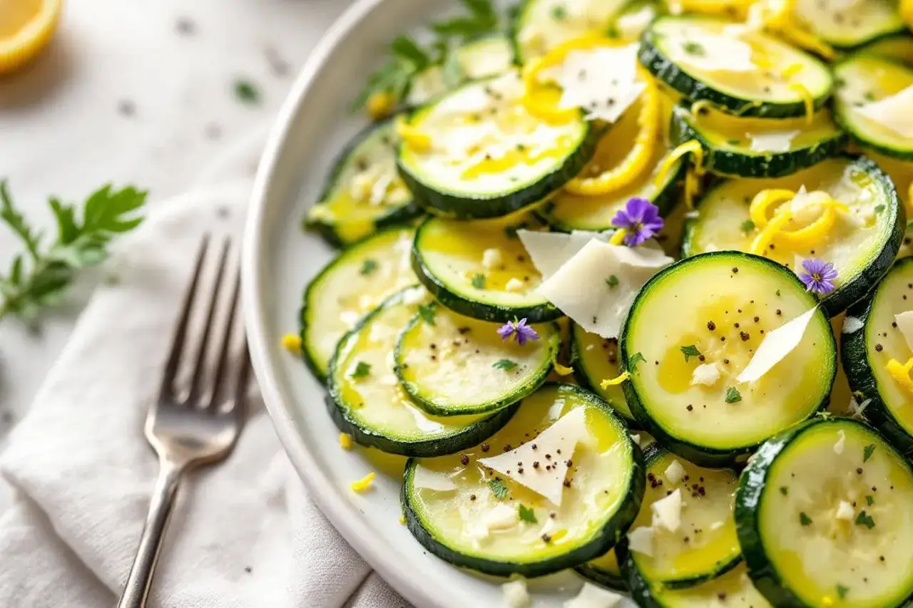 Salade de courgettes crues finement tranch&eacute;es, arros&eacute;es d'huile d'olive, parsem&eacute;es de copeaux de parmesan et de zestes de citron. Une recette fra&icirc;che et l&eacute;g&egrave;re.