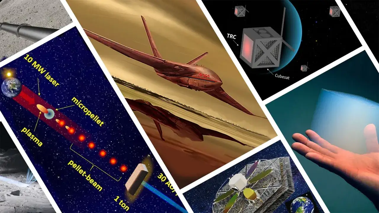 Kolaż wizji przyszłości: od napędu laserowego dla statk&oacute;w kosmicznych, przez futurystyczne pojazdy NASA, po satelity i rękę trzymającą światło. To wszystko pokazuje, co to kosmos.