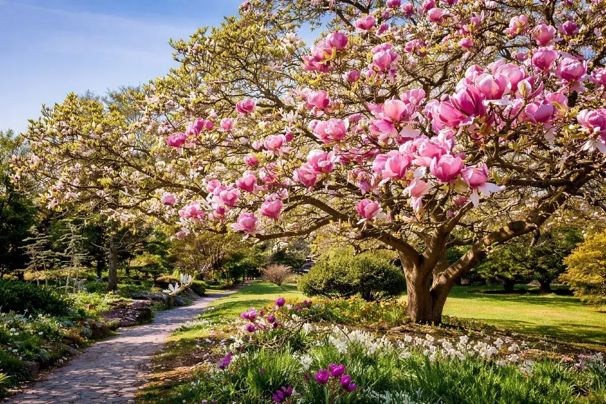 En magnifik magnolia i kruka blommar i en lummig trädgård. En stenlagd stig leder genom grönskan.