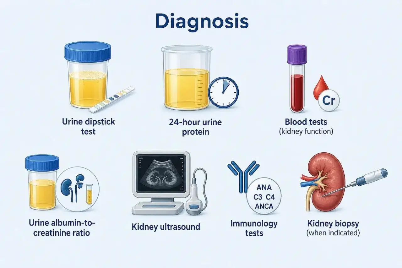 Diagnostische Tests, darunter 24-Stunden-Urinuntersuchung auf Protein, Nierenultraschall und Bluttests zur Beurteilung der Nierenfunktion.