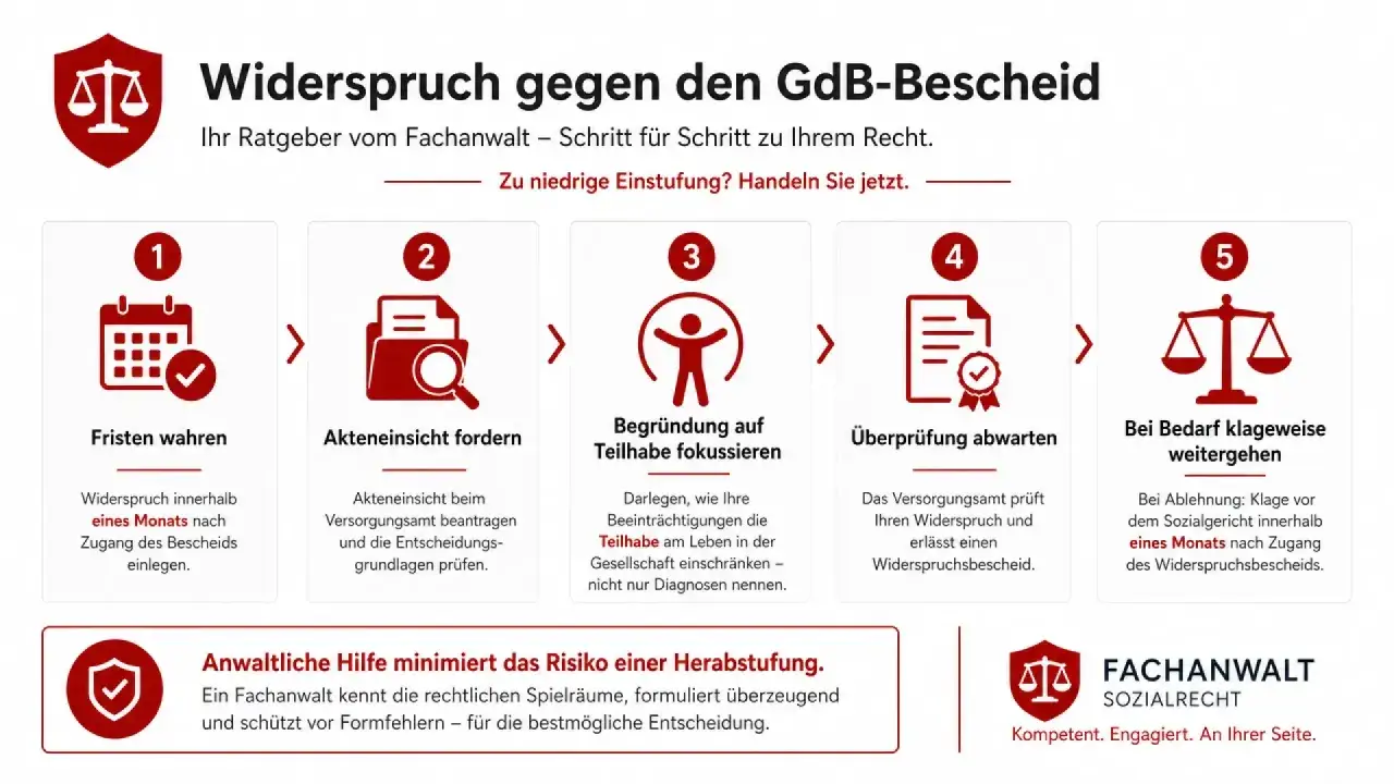 Schritt-für-Schritt-Anleitung bei Ablehnung des GdB-Bescheids. Fristen wahren, Akteneinsicht fordern, Begründung auf Teilhabe fokussieren, Überprüfung abwarten, ggf. klagen.