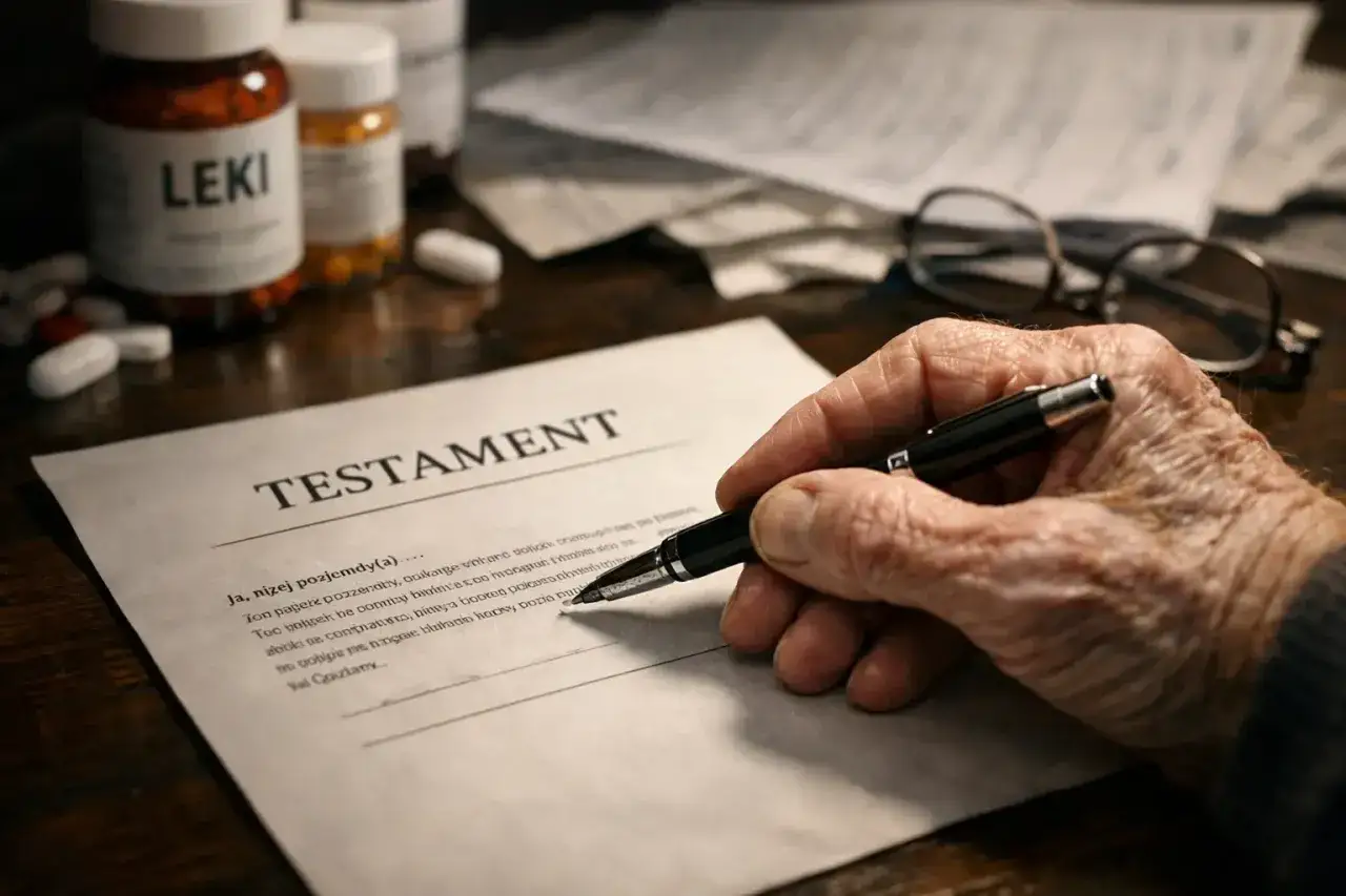 Dłoń pisze testament. W tle leki i okulary. Jakie schorzenia skutkują nieważnością testamentu?