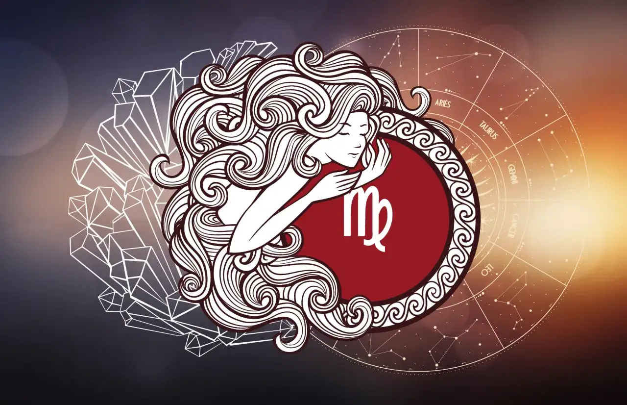 Symbol Panny, 23.09 znak zodiaku, otoczony spiralnymi włosami i kryształami. W tle koło zodiaku.