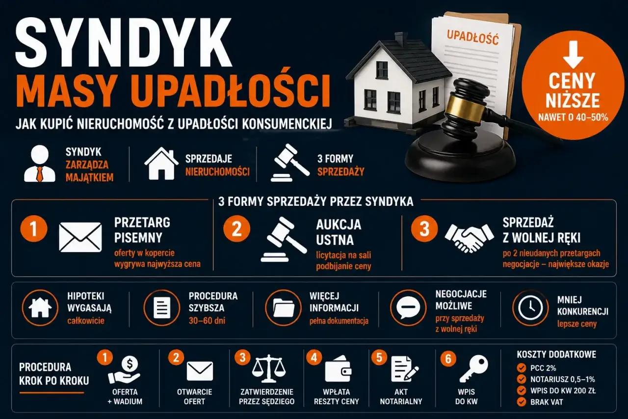 Syndyk masy upadłościowej sprzedaje nieruchomości. Poznaj 3 formy sprzedaży, procedurę krok po kroku i niższe ceny. Upadłość firmy to szansa na zakup.