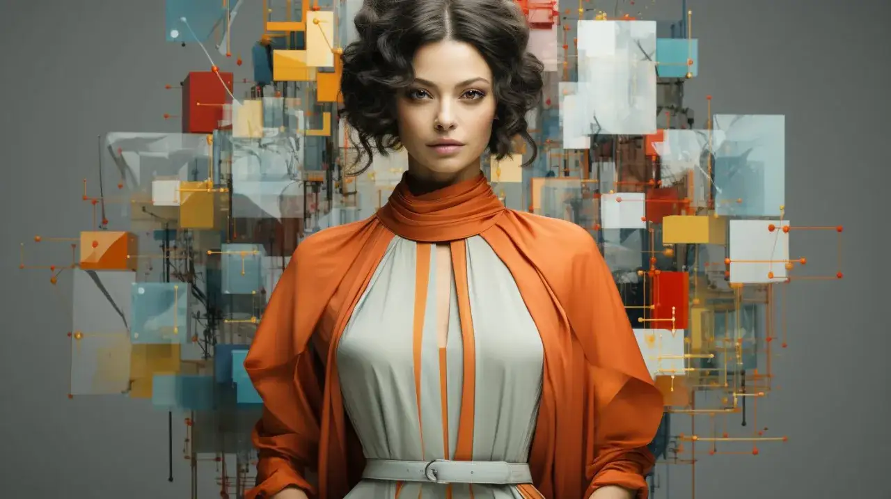 Kvinna med lockigt h&aring;r i orange och gr&aring; kl&auml;nning, bakgrunden visar en abstrakt, geometrisk komposition som antyder att **ai redigera bilder** kan skapa fascinerande visuella v&auml;rldar.