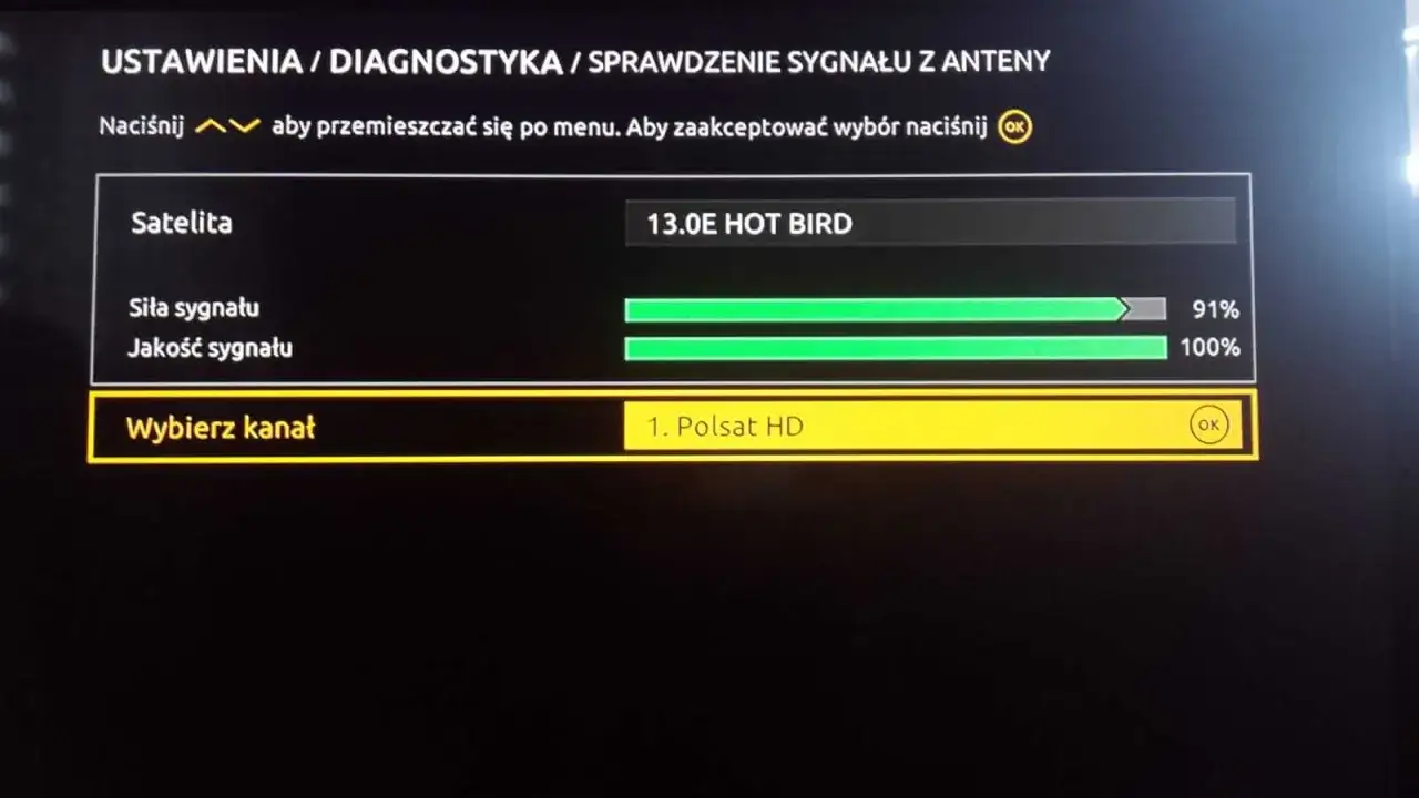 Menu diagnostyczne TV pokazuje, jak sprawdzić jakość sygnału satelitarnego. Siła sygnału 91%, jakość 100%.