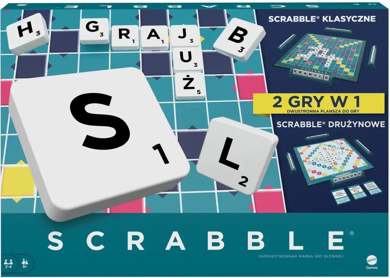 Dzień scrabble to świetna zabawa! Duże litery S i L na planszy, kostki z literami i plansza do gry.
