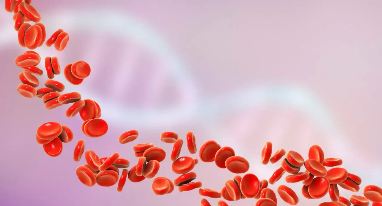 Czerwone krwinki unoszą się w tle z widocznym fragmentem DNA. To wizualizacja związana z hct morfologia co to jest.