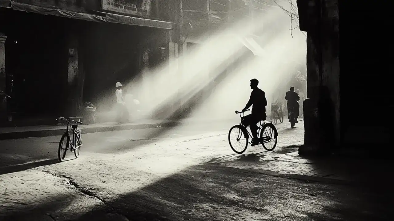 Uomo in bicicletta silhouette, immerso in raggi di luce che creano un'atmosfera magica. Foto creative.