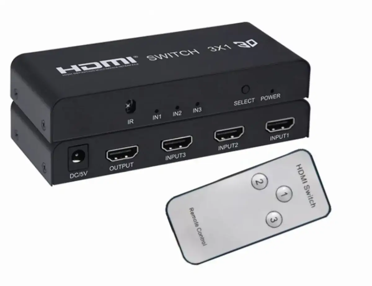 Przełącznik HDMI 3x1 z pilotem ułatwia wybór źródła sygnału, by łatwo przełączyć telewizor na HDMI.