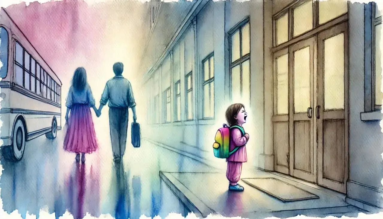Mi hija de 6 a&ntilde;os llora en la escuela, sola frente a la puerta, mientras sus padres se alejan hacia el autob&uacute;s.