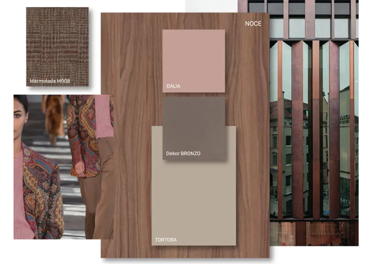 Moodboard con campioni di colore: tortora, bronzo, rosa cipria e tessuto 