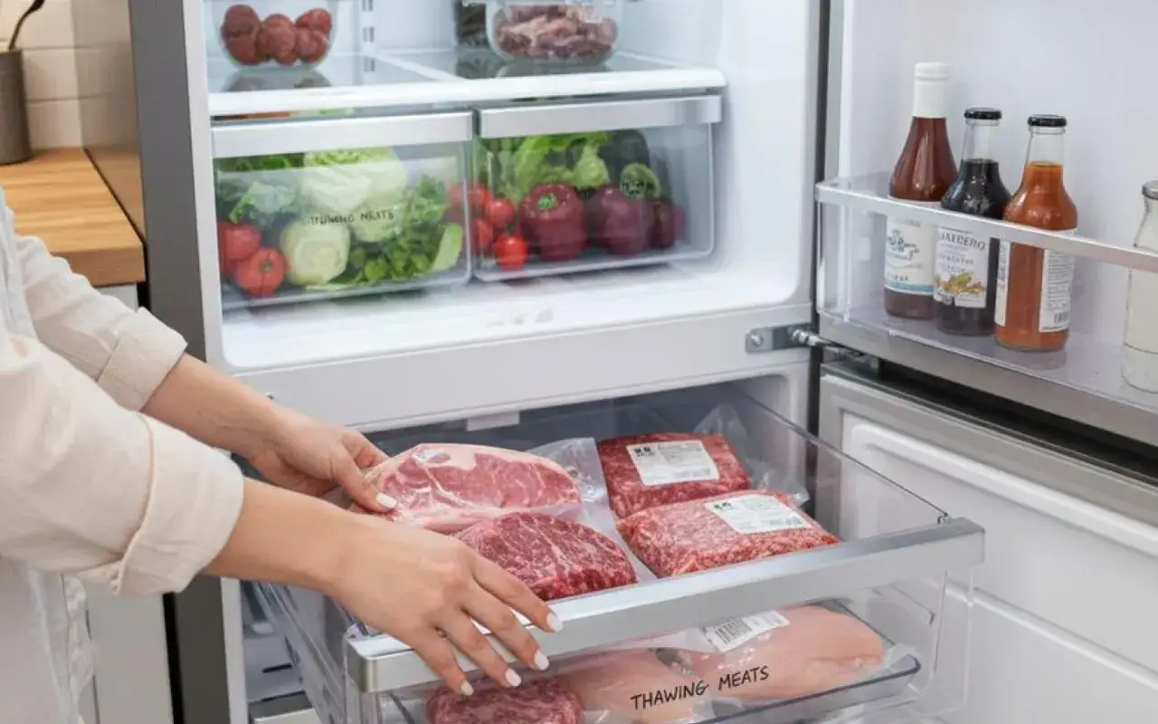 Une personne range de la viande dans un tiroir de réfrigérateur étiqueté