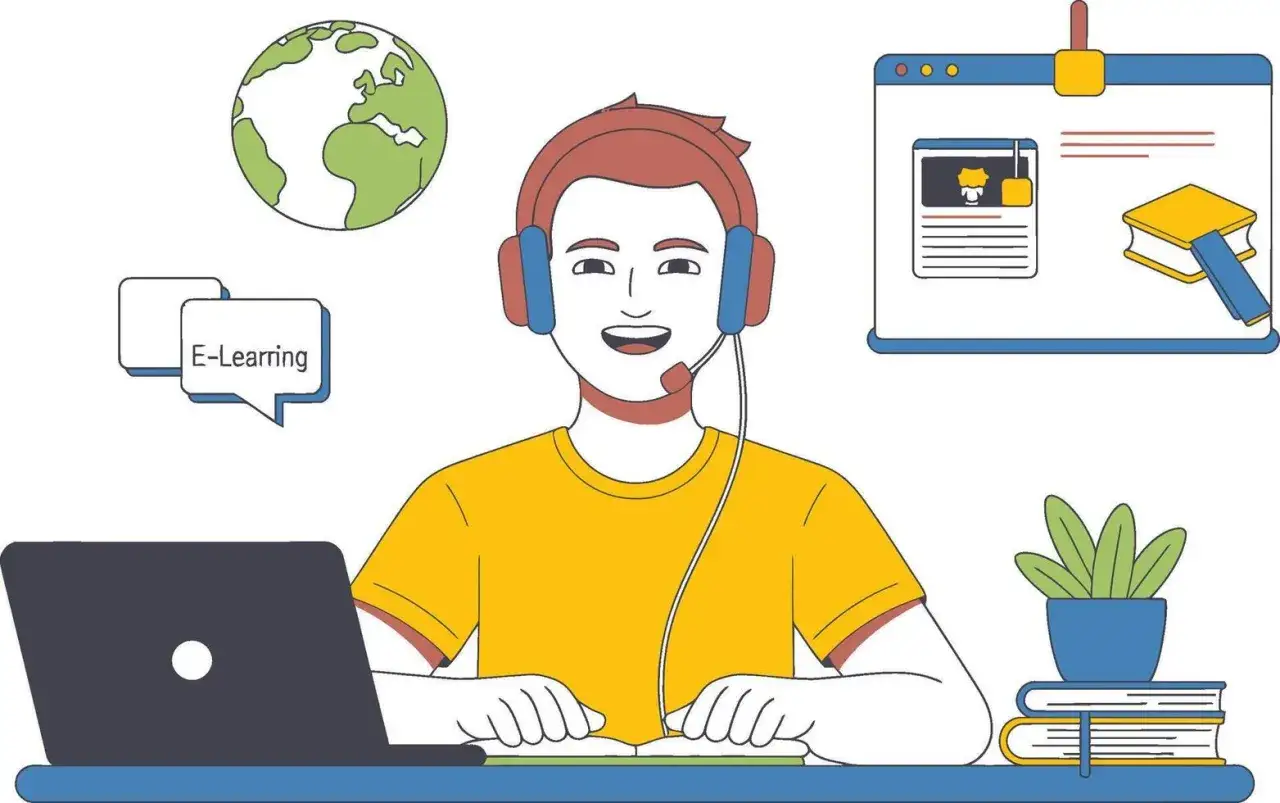Ragazzo con cuffie e microfono, pronto per un podcast in inglese. Impara online con E-Learning.
