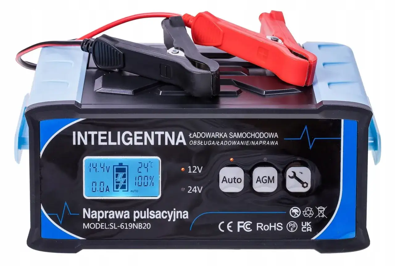 Inteligentna ładowarka samochodowa z wyświetlaczem i zaciskami. Pomoże Ci zadbać o akumulator, oferując tryby Auto, AGM i naprawę pulsacyjną.