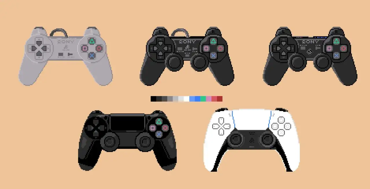 Różne pady PlayStation: szary DualShock, czarne DualShocki i biały DualSense. Czy pad od PS5 pasuje do PS4? Nie, to różne generacje.