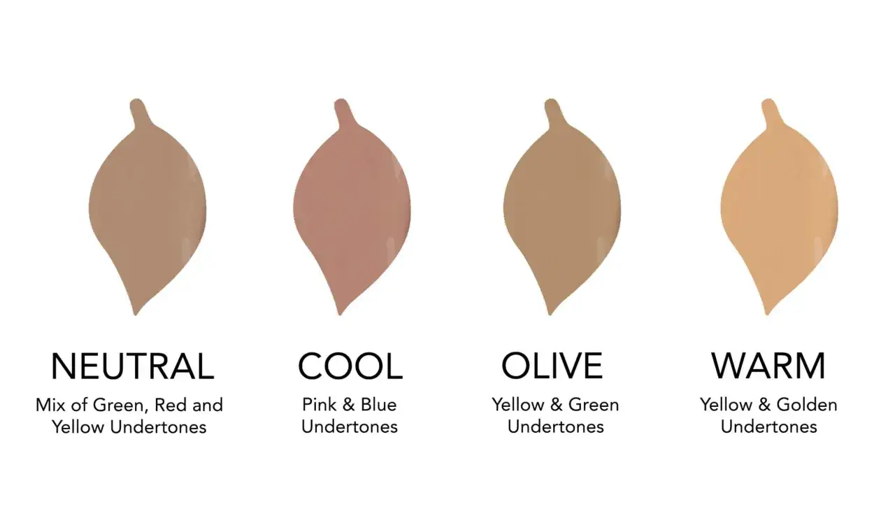 Quatre &eacute;chantillons de fond de teint illustrent les types de teint de peau : neutre, froid, olive et chaud, avec leurs sous-tons respectifs.